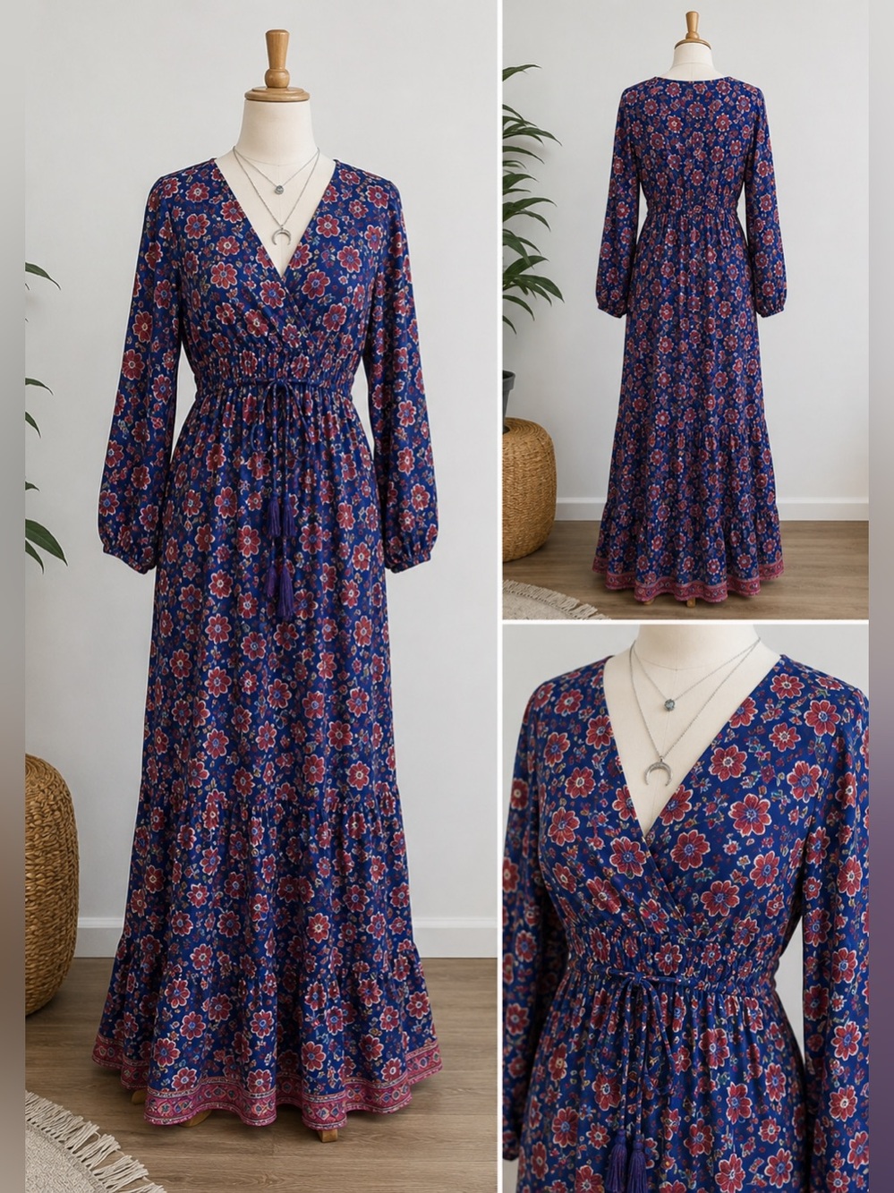 Bohem Anthro Blue Floral Boho Maxi Dress XL Petite Long Sleeve Cottagecore XLP